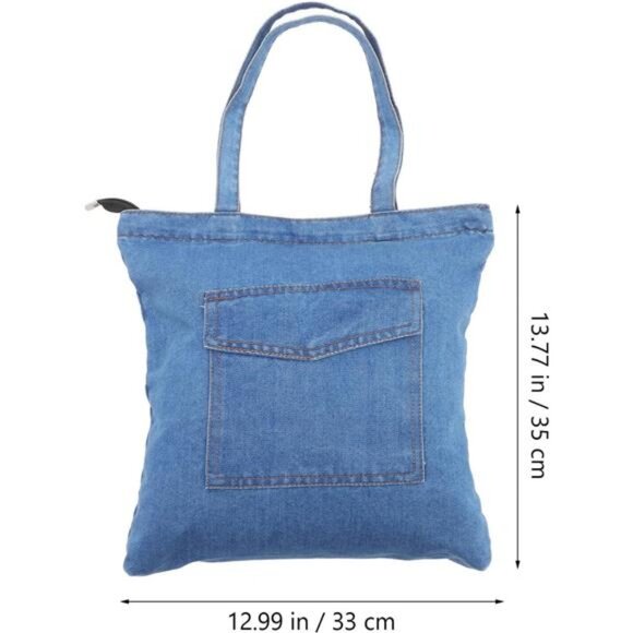 denim Shoulder Bag Large Capacity Zipper Closure Casual Tote- As Shown - Picture 2 of 7